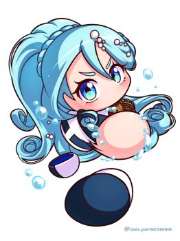 Rule 34 | 1girl, absurdres, aqua eyes, aqua hair, awase marina, baseball glove, baseball uniform, belt, blue belt, blue eyes, blue shirt, braid, commentary request, curly ends, gradient eyes, hair between eyes, highres, jikkyou powerful pro yakyuu, jikkyou powerful pro yakyuu (style), long hair, multicolored eyes, multicolored shirt, no mouth, official style, parmesan (zan parmesanne), pearl hair ornament, pitching, ponytail, ponytail with braided base, power pro appli, rayman limbs, shirt, solo, sportswear, twitter username, water drop, white background, white shirt, wide ponytail, yellow eyes