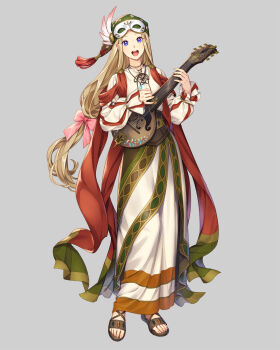 Rule 34 | 1girl, :d, aqua gemstone, artist request, asgard, bard (asgard), belt, black mouth, blonde hair, blue eyes, bow, bracelet, breasts, brown sandals, collared shirt, cross-laced clothes, cross-laced legwear, cross-laced top, eyelashes, eyelashes through hair, facing viewer, fantasy, feathers, floral print, floral print hat, full body, gem, gladiator sandals, gold belt, gold bracelet, gradient feathers, gradient hat, green hat, grey background, hair bow, hat, hat feather, hat tassel, highres, holding, holding instrument, holding lyre, impasto, instrument, jewelry, legs apart, lips, long hair, long skirt, long sleeves, looking at viewer, low-tied long hair, low ponytail, lute (instrument), lyre, mask, mask on head, masquerade mask, medium breasts, necklace, nexon, official art, open mouth, pendant, pink bow, pink feathers, poet shirt, ponytail, puff and slash sleeves, puffy long sleeves, puffy sleeves, red gemstone, red hat, sandals, sarong, second-party source, shirt, simple background, single sleeve past wrist, skirt, smile, solo, standing, stole, tassel, teeth, toenails, toes, tongue, two-tone hat, upper teeth only, very long hair, white feathers, white mask, white sarong, white shirt, white skirt, white sleeves, wing collar