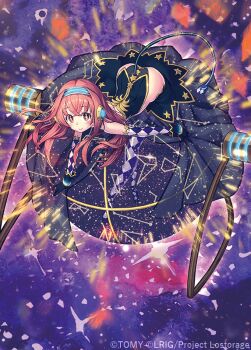 +_+ 1girl ass black_gloves black_leotard black_skirt blue_headband closed_mouth copyright_notice elbow_gloves electric_plug electric_plug_tail gloves headband kutori_pan&#039;ya leotard long_hair looking_at_viewer official_art orange_eyes orange_hair planetarium_(wixoss) purple_thighhighs skirt smile solo tail thighhighs wixoss