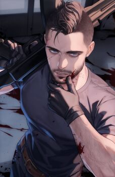 1boy belt black_gloves black_hair black_pants black_shirt blood blood_on_clothes blood_on_face blue_eyes brown_belt call_of_duty call_of_duty:_modern_warfare_2 facial_hair gloves gun highres holding holding_gun holding_weapon large_pectorals male_focus muscular muscular_male pants parted_lips pectorals shirt short_hair soap_(modern_warfare_2) solo weapon zhyphenth