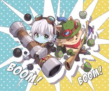 1girl bad_id bad_pixiv_id blue_skin chibi closed_eyes colored_skin goggles goggles_on_head green_eyes kim_bae-eo league_of_legends smile teemo tristana_(league_of_legends)