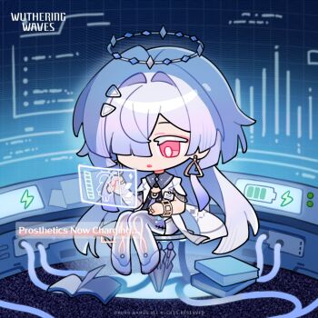 1girl book book_stack bright_pupils chibi chibi_only colored_eyelashes commentary earrings english_commentary english_text grey_hair hair_ornament hair_over_one_eye halo highres holographic_interface id_card jacket jewelry logo long_hair mornye_(wuthering_waves) official_art open_book parted_lips red_eyes see-through_body sitting solo tacet_mark_(wuthering_waves) triangle_earrings white_jacket white_pupils wuthering_waves