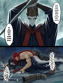 1boy 1girl absurdres black_hair blue_eyes blush closed_eyes clothed_sex colored_skin defeat elden_ring english_text fromsoftware hetero highres holding holding_weapon iiimp instant_loss long_hair looking_at_viewer lying lying_on_person muscular muscular_male on_person open_mouth pale_skin radagon_of_the_golden_order red_hair rennala_queen_of_the_full_moon sex sex_from_behind slap_mark speech_bubble sword trembling weapon white_skin