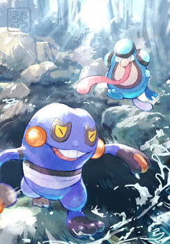 animal_focus closed_eyes commentary_request croagunk gen_4_pokemon gen_5_pokemon highres long_tongue nintendo no_humans nostrils ohdon open_mouth outdoors palpitoad pokemon pokemon_(creature) pokemon_focus rock smile teeth tongue tongue_out upper_teeth_only very_long_tongue water