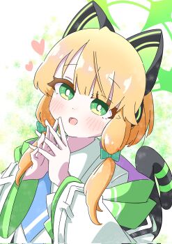 1girl animal_ear_headphones animal_ears blonde_hair blue_archive blue_necktie blush bow bright_pupils cat_ear_headphones cat_ears cat_tail collared_shirt commentary corrupted_twitter_file fake_animal_ears fake_tail green_background green_bow green_eyes green_halo green_jacket hair_bow halo hands_up headphones heart highres hood hood_down hooded_jacket jacket looking_at_viewer low-tied_sidelocks midori_(blue_archive) multicolored_jacket necktie open_clothes open_jacket open_mouth own_hands_together parted_bangs reiremi shirt short_hair short_hair_with_long_locks sidelocks smile solo tail upper_body white_background white_jacket white_pupils white_shirt