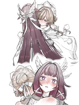 2girls black_bow blush bow brown_hair columbina_(genshin_impact) commentary genshin_impact hair_bow hair_bun hashtag-only_commentary headdress highres hug long_hair multiple_girls purple_eyes saba_oekaki sandrone_(genshin_impact) white_bow white_headdress yuri