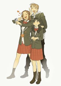 1boy 2girls :d ^_^ akane_(lost_judgment) azukay_k black_eyes black_footwear black_hair black_jacket black_pants blazer blush brown_hair cellphone closed_eyes closed_mouth hand_up heart holding holding_phone hood hood_down hoodie jacket judge_eyes koda_mami long_hair long_sleeves lost_judgment low_twintails multiple_girls neck_ribbon open_mouth own_hands_together pants phone red_ribbon red_skirt ribbon selfie shoes short_hair simple_background skirt smile standing sugiura_fumiya taking_picture twintails v white_background white_hoodie