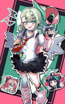 Rule 34 | +++, 3girls, absurdres, aqua hair, aqua streaks, aria (zenless zone zero), arm warmers, bandaid, bandaid hair ornament, black hair, black skirt, blue eyes, blush, bow, chibi, collar, collarbone, colored inner hair, commentary request, earrings, fur-trimmed skirt, fur-trimmed sleeves, fur trim, green background, green bow, green eyes, green hair, green halo, green nails, hair between eyes, hair bow, hair ornament, halo, heart, heart hair ornament, highres, holding, holding megaphone, jewelry, leg warmers, looking at viewer, megaphone, multicolored hair, multiple girls, multiple hair bows, multiple hair clips, musical note earrings, nangong yu, necktie, pink arm warmers, pink bag, pink hair, pink leg warmers, ponytail, red eyes, red necktie, rieana, shirt, skirt, sparkle, streaked hair, striped arm warmers, striped leg warmers, sunna (zenless zone zero), tears, white shirt, white wings, winged bag, wings, zenless zone zero