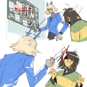 1girl 1other anger_vein animal_ears annoyed blonde_hair blue_horns blue_jacket brown_hair bulletin_board carol_holiday clenched_teeth colored_skin deer_ears deer_girl deltarune furry furry_female highres holding holding_pointer horns jacket kris_(deltarune) mature_female motion_lines moyi7239 pointer sequential shaded_face short_hair sleepy teeth upper_body utdr_(toby_fox) white_background yellow_skin zzz