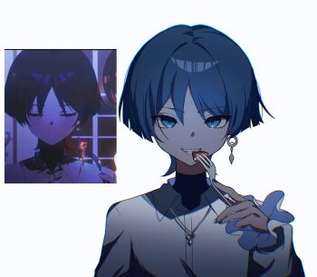 1boy alternate_costume anime_screenshot_inset black_shirt blue_eyes blue_hair blunt_ends casual collared_shirt contemporary earrings eyelashes feather_earrings feathers food food_in_mouth fork frilled_sleeves frills gem genshin_impact gold_necklace grey_nails grin hand_up heart heart-shaped_gem heart_necklace highres holding holding_fork hoyofair jewelry long_sleeves looking_at_viewer male_focus meat necklace red_gemstone reference_inset scaramouche_(genshin_impact) screenshot_inset shirt smile solo straight-on takura_0103 teeth tsurime turtleneck turtleneck_shirt undershirt white_background white_shirt wispy_bangs