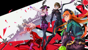 10s 4girls bad_id bad_pixiv_id black_legwear blonde_hair blue_eyes braid brown_hair closed_mouth crown_braid domino_mask eye_mask glasses hage2013 hat headphones highres long_hair mask multiple_girls niijima_makoto noir_(persona_5) okumura_haru oracle_(persona_5) orange_hair panther_(persona_5) pantyhose parted_lips persona persona_5 queen_(persona_5) sakura_futaba scarf short_hair takamaki_anne twintails twitter_username