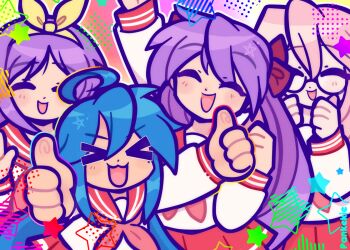 2000s_(style) 4girls :3 artist_name ben-day_dots blue_hair bow closed_eyes bad_tag glasses hair_bow happy hiiragi_kagami hiiragi_tsukasa hue_shifting izumi_konata long_hair lucky_star mole mole_under_eye multiple_girls neckerchief pankekie pink_hair pink_neckerchief pleated_skirt purple_hair red_sailor_collar red_skirt ribbon ryouou_school_uniform sailor_collar school_uniform screentones short_hair siblings sisters skirt star_(symbol) takara_miyuki thumbs_up twins twintails yellow_ribbon