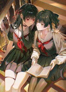 2girls absurdres alternate_costume black_choker black_hair black_pantyhose black_serafuku black_shirt black_skirt blush book breasts brown_cardigan cardigan chisa_(wuthering_waves) choker chromatic_aberration closed_mouth collarbone commentary_request earrings female_rover_(wuthering_waves) hair_ornament hair_ribbon hairclip highres holding holding_book indoors jewelry long_hair looking_at_another medium_breasts multiple_girls neckerchief open_book open_cardigan open_clothes pantyhose parallel_hairclips pong_(pong_o0) red_eyes red_neckerchief red_ribbon ribbon rover_(wuthering_waves) sailor_collar school_uniform serafuku shirt sitting skirt smile thigh_strap thighs triangle_earrings white_sailor_collar wuthering_waves yellow_eyes yellow_ribbon