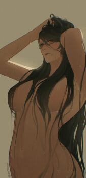 1girl armpits arms_up artist_name bayonetta bayonetta_(series) black_hair breasts completely_nude glasses hair_over_breasts hand_in_own_hair highres hiroshi_(hiiroshiiii) looking_at_viewer mole mole_under_mouth nude solo upper_body wet wet_hair