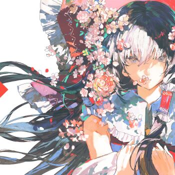 1girl absurdres ascot blue_eyes bow brown_hair chinese_commentary commentary_request cui_suika detached_sleeves falling_flower flower flower_request frilled_bow frilled_hair_tubes frills hair_bow hair_tubes hakurei_reimu highres long_hair looking_at_viewer mixed-language_commentary pink_flower red_bow simple_background solo touhou very_long_hair white_background yellow_ascot