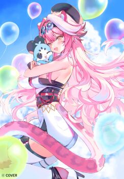 1girl :d animal_ear_fluff animal_ears balloon beret black_corset black_gloves black_hat black_shirt blurry blurry_background boots breasts center-flap_bangs chattino_(raora_panthera) cloud commentary copyright_name corset cumulonimbus_cloud day double-parted_bangs english_commentary extra_ears fang gloves goggles goggles_on_head hat high-waist_shorts high_heel_boots high_heels highres hololive hololive_english large_breasts long_hair looking_at_viewer multicolored_hair official_art open_mouth outdoors panther_ears panther_girl panther_tail partially_fingerless_gloves pink_hair raora_panthera raora_panthera_(1st_costume) raora_panthera_(artist) self-portrait shirt shorts sideboob single_glove skin_fang smile solo spiked_hair streaked_hair tail thigh_strap thighhighs very_long_hair vest virtual_youtuber white_boots white_hair white_shorts white_streaks white_thighhighs white_vest yellow_eyes