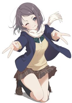 1girl blazer blush bow brown_eyes commentary_request double_v full_body furumoto highres jacket kneehighs loafers long_sleeves looking_at_viewer one_eye_closed open_clothes open_jacket original pleated_skirt scarf school_uniform shoes short_hair skirt smile socks solo tongue tongue_out v white_background