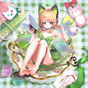 1girl absurdres animal_ear_headphones animal_ears armpits bare_legs barefoot bikini blonde_hair blue_archive blush cat_ear_headphones cat_ears closed_mouth commentary doodle_sensei_(blue_archive) english_commentary fairy_wings fake_animal_ears flat_chest green_eyes green_halo halo handheld_game_console headphones highres holding holding_handheld_game_console leaf_bikini looking_at_viewer matchacha midori_(blue_archive) sensei_(blue_archive) short_hair sitting smile soles solo swimsuit wings