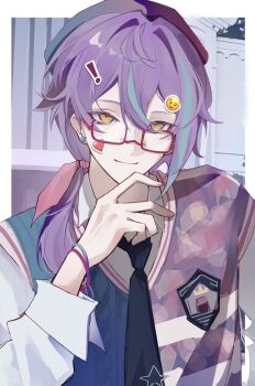 ! 1boy black_necktie bracelet closed_mouth earrings glasses hand_on_own_face hashtag-only_commentary hat jewelry kamishiro_rui long_sleeves low_ponytail male_focus necktie ponytail project_sekai purple_hair smile solo weic1217 yellow_eyes
