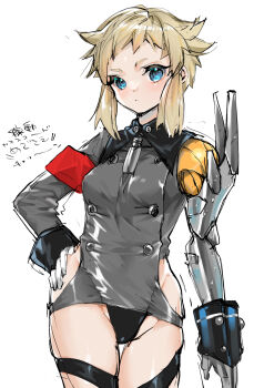 1girl armband blush breasts chaos_code gloves highres ishitsuki_merokoa looking_at_viewer lupinus_(chaos_code) mechanical_arms medium_breasts panties revealing_clothes serious single_mechanical_arm sketch soldier underwear