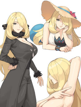 1girl absurdres armpits bikini black_dress black_pants blonde_hair breasts cleavage cynthia_(pokemon) cynthia_(summer_2025)_(pokemon) dress fur-trimmed_sleeves fur_collar fur_trim grey_eyes hair_ornament hair_over_one_eye hat head_rest highres ksksksa large_breasts long_hair looking_at_viewer lying nintendo nude pants pokemon pokemon_dppt pokemon_masters_ex smile solo straw_hat sun_hat swimsuit v very_long_hair white_bikini
