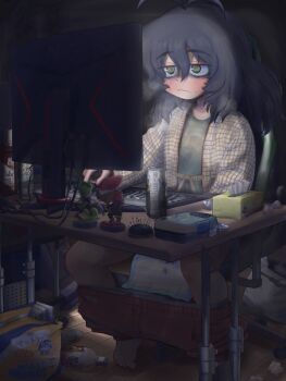 1girl absurdly_detailed_composition ahoge alcohol antenna_hair barefoot beer_can blush can chair clothes_pull computer dark desk drink_can eyebrows_hidden_by_hair female_masturbation figure gaming_chair green_eyes hair_between_eyes hair_down iron-chan_(mushita_iron) jimiko loaded_interior long_hair masturbation messy_room mojyo monitor mushita_iron nintendo original pants pants_pull pee_pad solo splatoon_(series) sweatdrop swivel_chair thick_eyebrows tissue tissue_box wavy_mouth