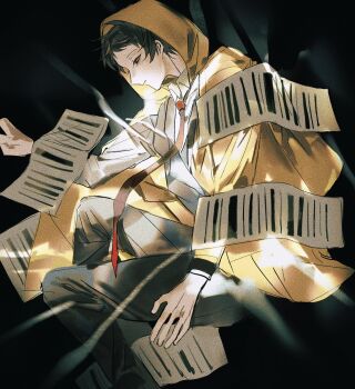 1boy adachi_tooru black_background black_hair black_jacket black_pants closed_mouth collared_shirt firee floating highres hood hood_up jacket long_sleeves looking_ahead male_focus necktie pants paper persona persona_4 raincoat red_necktie shirt short_hair solo white_shirt yellow_raincoat