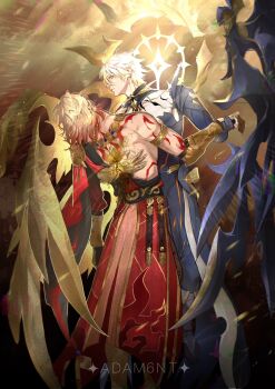 Rule 34 | 2boys, adam6nt, alternate form, antenna hair, arm tattoo, armlet, artist name, asymmetrical wings, back tattoo, black coat, blonde hair, blood, braid, cape, clawed gauntlets, coat, commentary, cracked skin, deep wound, earrings, facial tattoo, gold earrings, gold necklace, gradient hair, halo, halo behind head, highres, honkai: star rail, honkai (series), injury, jewelry, male focus, medium hair, multicolored hair, multiple boys, mydei (honkai: star rail), necklace, open clothes, open coat, phainon (honkai: star rail), phainon (khaslana) (honkai: star rail), red cape, red hair, red tattoo, side braid, side cape, tattoo, waist cape, wings, yaoi, yellow blood