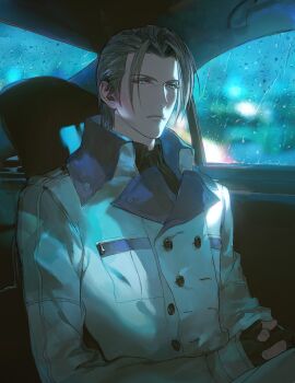 1boy absurdres black_gloves black_necktie black_shirt blue_eyes buttons car_interior closed_mouth collared_jacket commentary final_fantasy final_fantasy_vii fingerless_gloves frown gloves grey_hair highres jacket lapels long_sleeves male_focus necktie own_hands_clasped own_hands_together quxiaochong rain rufus_shinra shirt short_hair sitting solo symbol-only_commentary upper_body white_jacket window wing_collar