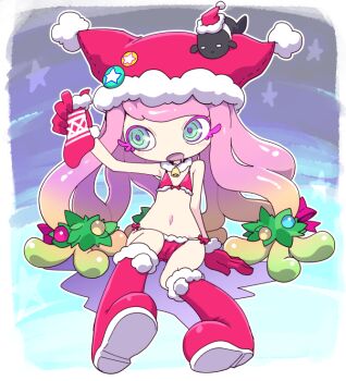 1girl arm_up armpits bell bikini blue_eyes boots cameltoe christmas christmas_stocking commentary_request fish flat_chest fur-trimmed_bikini fur_trim gloves gluteal_fold gradient_hair green_hair hair_ornament harmony&#039;s_clownfish_(splatoon) harmony_(splatoon) hat loli long_hair multicolored_hair navel neck_bell nintendo nollety open_mouth pink_hair red_bikini red_boots red_gloves red_hat santa_hat sitting splatoon_(series) splatoon_3 stomach swimsuit tentacle_hair thighs