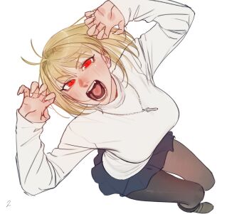 1girl arcueid_brunestud black_boots black_pantyhose black_skirt blonde_hair boots breasts claw_pose fang full_body highres jewelry large_breasts leodot miniskirt open_mouth pantyhose pendant red_eyes short_hair simple_background skirt solo sweater tsukihime tsukihime_(remake) white_background white_sweater