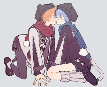 2boys alternate_costume aoyagi_touya beanie black_hat black_pants black_shoes black_shorts blue_hair blue_scarf blush closed_eyes coat commentary_request earrings fake_tail fingernails fur-trimmed_shoes fur_trim grey_background hat highres imminent_kiss jewelry kiii_4590 kneeling leg_warmers long_sleeves male_focus multicolored_hair multiple_boys open_mouth orange_hair pants piercing profile project_sekai red_scarf scarf shinonome_akito shoes short_hair shorts simple_background split-color_hair tail white_fur yaoi