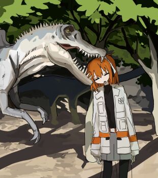 1girl =_= a.i._voice adachi_rei biting black_pantyhose black_shirt closed_eyes commentary_request dinosaur grey_skirt head_biting highres jacket long_hair long_sleeves mizhou_(mzhu112646) open_clothes open_jacket open_mouth orange_hair outdoors pantyhose shadow shirt skirt solo standing tree utau white_jacket