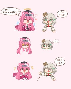 Rule 34 | 2girls, :3, animal ears, aqua eyes, aqua hair, bare shoulders, beret, cecilia immergreen, cecilia immergreen (1st costume), commentary, doll joints, english commentary, fang, goggles, goggles on head, grey hair, halo, hat, heart, highres, hololive, hololive english, joints, laughing, long hair, multicolored hair, multiple girls, open mouth, panther ears, panther girl, panther tail, pink hair, raora panthera, raora panthera (1st costume), sappysque, short hair, smile, streaked hair, tail, virtual youtuber, white hair, winding key, wings, yellow eyes