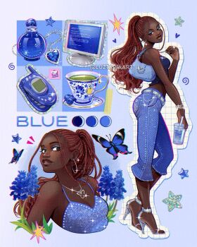 Rule 34 | 1girl, bag, blue bag, blue butterfly, blue eyeshadow, blue flower, blue pants, blue screen of death, blue shirt, blue theme, bottle, brown hair, bug, butterfly, cellphone, commentary, cup, dark-skinned female, dark skin, earrings, english commentary, english text, eyeshadow, flip phone, flower, handbag, heart, high heels, highres, hoop earrings, insect, jewelry, long hair, luztapiaart, makeup, monitor, multiple views, original, pants, perfume bottle, phone, ponytail, shirt, sleeveless, sleeveless shirt, star (symbol), teacup, very dark skin