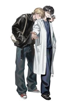 2boys absurdres artist_name bag black_hair black_jacket black_pants black_shoes blonde_hair blue_pants blue_shirt blush closed_eyes closed_mouth coat commentary daenarys full_body glasses grey_shirt grin hand_in_pocket head_on_another&#039;s_shoulder highres holding holding_removed_eyewear jacket long_sleeves looking_at_another looking_at_viewer male_focus multiple_boys open_clothes open_coat original outstretched_hand pants parted_lips ponytail red_shoes shirt shoes short_hair short_ponytail shoulder_bag simple_background smile sneakers standing unworn_eyewear white_background white_coat yaoi yellow_eyes zipper