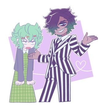 1boy 1girl absurdres annoyed beetlejuice betelgeuse_(beetlejuice) betelgeuse_(beetlejuice)_(cosplay) black_jacket black_necktie collared_shirt commentary_request constricted_pupils cosplay dark-skinned_male dark_skin dress formal_clothes green_dress green_hair grin hair_over_one_eye heart heart_of_string highres idol_land_pripara jacket jitome katasumi_amari katasumi_amari_(normal) korean_commentary lau_(laustar30) long_sleeves looking_at_another looking_at_viewer mario_(pripara) necktie open_mouth pants pretty_series pripara red_eyes sharp_teeth shirt short_hair smile standing striped_clothes striped_jacket striped_pants suit sweatdrop teeth v-shaped_eyebrows vertical-striped_clothes vertical-striped_jacket vertical-striped_pants white_shirt