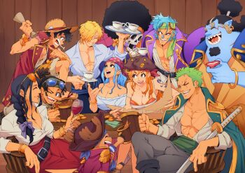 3girls 6+boys ^_^ aqua_hair arm_tattoo blue_hair boots bracelet braid braided_ponytail brook_(one_piece) closed_eyes coin commentary cup dreadlocks drinking_glass earrings english_commentary facial_hair franky_(one_piece) goatee green_hair haramaki hat highres holding holding_cup jewelry jinbe_(one_piece) long_hair monkey_d._luffy multiple_boys multiple_girls nami_(one_piece) nefertari_vivi nico_robin one_piece roronoa_zoro samu_(samudl) sanji_(one_piece) sharp_teeth shirt smile stitched_face stitches straw_hat straw_hat_pirates tattoo teeth tongue tongue_out tony_tony_chopper usopp white_shirt wine_glass