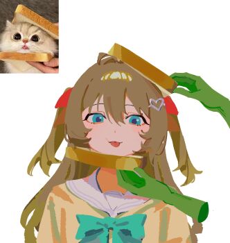 1girl 1other absurdres ahoge aqua_bow aqua_bowtie blue_eyes bow bowtie bread bread_slice cardigan cat disembodied_hand food green_hands hair_between_eyes hair_ornament hair_ribbon hashtag-only_commentary heart heart_hair_ornament highres holding long_hair looking_at_viewer neuro-sama photo-referenced photo_inset reference_inset ribbon sailor_collar school_uniform selvha shirt simple_background solo_focus tongue tongue_out two_side_up upper_body vedal_ai virtual_youtuber white_background yellow_cardigan