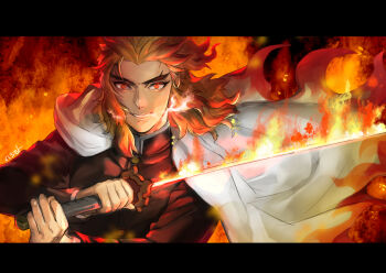 Rule 34 | 1boy, artist name, black jacket, blonde hair, breath weapon, breathing fire, cape, commentary request, demon slayer uniform, fighting stance, fire, flame print, flaming sword, flaming weapon, floating clothes, floating hair, forked eyebrows, glowing, glowing eyes, grin, hashimoto (yanagi-momo), holding, holding sword, holding weapon, jacket, katana, kimetsu no yaiba, letterboxed, long hair, long sleeves, looking at viewer, male focus, multicolored eyes, multicolored hair, parted lips, red eyes, red hair, rengoku kyoujurou, signature, smile, solo, sword, teeth, thick eyebrows, two-tone hair, upper body, weapon, white cape, yellow eyes
