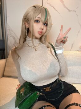 artist_request bag blonde_hair blue_eyes bra_visible_through_clothes breasts brown_dust_(series) brown_dust_2 cosplay dark-skinned_female dark_skin earrings gyaru handbag highres jewelry large_breasts nebris_(brown_dust_2) nebris_(new_hire)_(brown_dust_2) real_life sitting skirt sweater thighs v