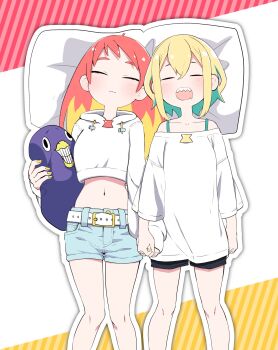2girls :3 amano_pikamee amano_pikamee_(1st_costume) bare_shoulders belt bird blonde_hair character_pillow closed_eyes colored_tips commentary crop_top denim denim_shorts drawstring drooling feet_out_of_frame from_above furrowed_brow grin gyari_(bird) gyari_(imagesdawn) highres hikasa_tomoshika hikasa_tomoshika_(artist) holding holding_hands holding_pillow hood hoodie light_blush light_smile long_hair lying midriff mouth_drool multicolored_hair multiple_girls nail_polish navel off-shoulder_shirt off_shoulder on_back open_mouth bad_tag pillow red_hair sharp_teeth shirt short_hair short_shorts shorts sleeping smile spaghetti_strap teeth virtual_youtuber voms white_hoodie white_shirt yellow_nails