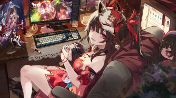 1girl absurdres bare_legs bare_shoulders black_hair breasts chair cleavage computer_keyboard controller dress fox_mask fu_hua fu_hua_(azure_empyrea) game_controller game_screenshot_inset highres holding holding_controller holding_game_controller honkai:_star_rail honkai_(series) honkai_impact_3rd indoors japanese_clothes kaya_(ayase_kaya) legs long_hair looking_at_viewer mask mask_on_head medium_breasts merchandise meta monitor on_chair playing_games purple_eyes raiden_mei raiden_mei_(herrscher_of_thunder) red_dress second-party_source sitting solo sparkle_(doll)_(honkai:_star_rail) sparkle_(honkai:_star_rail) twintails