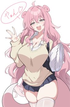 1girl ahoge bag black_skirt blush borrowed_design breasts cleavage collared_shirt commentary cowboy_shot double_bun fang grey_eyes gyaru gyaru_slowpoke_(shin_no_tenpii) hair_between_eyes hair_bun highres holding holding_pillow long_hair looking_at_viewer medium_breasts miniskirt nintendo open_mouth personification pillow pink_hair pleated_skirt pokemon pokemon_pokopia pokemon_tail school_bag shirt simple_background skirt smile solo speech_bubble standing suigetu26 sweater tail thighhighs translated very_long_hair waving wavy_hair white_background white_shirt white_thighhighs wing_collar yellow_sweater