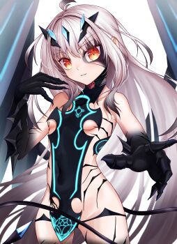 1girl absurdres bare_shoulders black_panties blush body_markings breasts dragon_wings fate/grand_order fate_(series) forked_eyebrows grin highres ilsa34660285 long_hair looking_at_viewer melusine_(fate) melusine_(third_ascension)_(fate) outstretched_arm panties revealing_clothes sideboob sidelocks small_breasts smile solo tail thighs underwear white_hair wings yellow_eyes