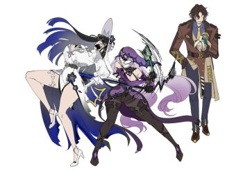 1boy 2girls banana belt black_hair black_swan_(honkai:_star_rail) coat colored_inner_hair commentary constance_(honkai:_star_rail) dress flower food fruit hat high_heels honkai:_star_rail honkai_(series) long_hair meme mr._reca_(honkai:_star_rail) multicolored_hair multiple_girls non_atman pants pantyhose purple_hair spanking thigh_strap veil very_long_hair white_background