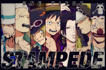 1girl 6+boys black_gloves black_hair blonde_hair boa_hancock buggy_the_clown cigar coat commentary_request copyright_name earrings facial_hair gloves goatee goggles goggles_on_headwear hand_tattoo hat highres hood hooded_coat jewelry kabane_(rjev8385) long_hair makeup monkey_d._luffy multiple_boys one_piece one_piece:_stampede open_mouth parted_lips red_nose rob_lucci sabo_(one_piece) scar scar_on_face smile smoker_(one_piece) snake_earrings stitched_face stitches straw_hat tattoo trafalgar_law upper_body white_hair white_hat yellow_coat