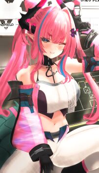 Rule 34 | 1girl, absurdres, arknights, arknights: endfield, black collar, black gloves, black horns, blue hair, blush, breasts, collar, commentary request, cone hair bun, detached sleeves, double bun, gloves, green eyes, green tail, gun, hair bun, hair intakes, hair ornament, hairclip, highres, holding, holding gun, holding weapon, horns, kura (kurenakurena), large breasts, long hair, long sleeves, looking at viewer, midriff, multicolored eyes, multicolored gloves, multicolored hair, multicolored horns, navel, one eye closed, pants, pink gloves, pink hair, pink horns, pink lips, pink sleeves, pointy ears, see-through clothes, see-through sleeves, smile, solo, stomach, streaked hair, thighs, twintails, two-tone eyes, two-tone gloves, two-tone hair, two-tone horns, weapon, white pants, yellow eyes, yvonne (arknights)