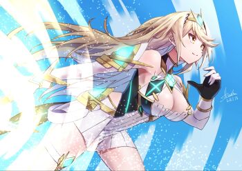 1girl aegis_sword_(xenoblade) bare_shoulders blonde_hair blue_background breasts chest_jewel cleavage cleavage_cutout clothing_cutout commentary_request cowboy_shot dress highres holding holding_sword holding_weapon large_breasts microdress mythra_(xenoblade) solo strail_cycleman sword tiara weapon xenoblade_chronicles_(series) xenoblade_chronicles_2 yellow_eyes