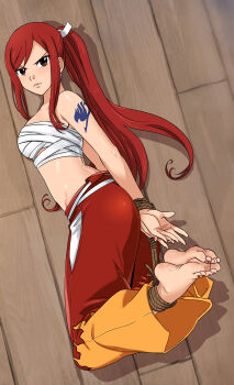 1girl absurdres angry arm_tattoo armpit_crease ass barefoot bound bound_arms bound_legs breasts brown_eyes captured collarbone earrings erza_scarlet eyelashes fairy_tail feet feet_together feet_up female_focus from_above full_body highres japanese_clothes jewelry large_breasts long_hair looking_at_viewer looking_up lost_one_zero midriff nail_polish navel neck official_alternate_costume own_hands_together pants parted_lips red_hair red_nails red_toenails rope sarashi sidelocks soles stomach swept_bangs tattoo toenail_polish toenails toes v-shaped_eyebrows wooden_floor
